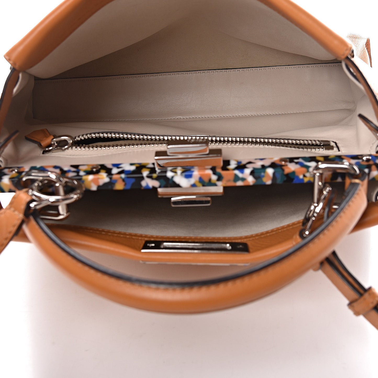 Vitello Seta Shiny Nappa Plexiglass Granite Medium Peekaboo Iconic Satchel Ginger Latte