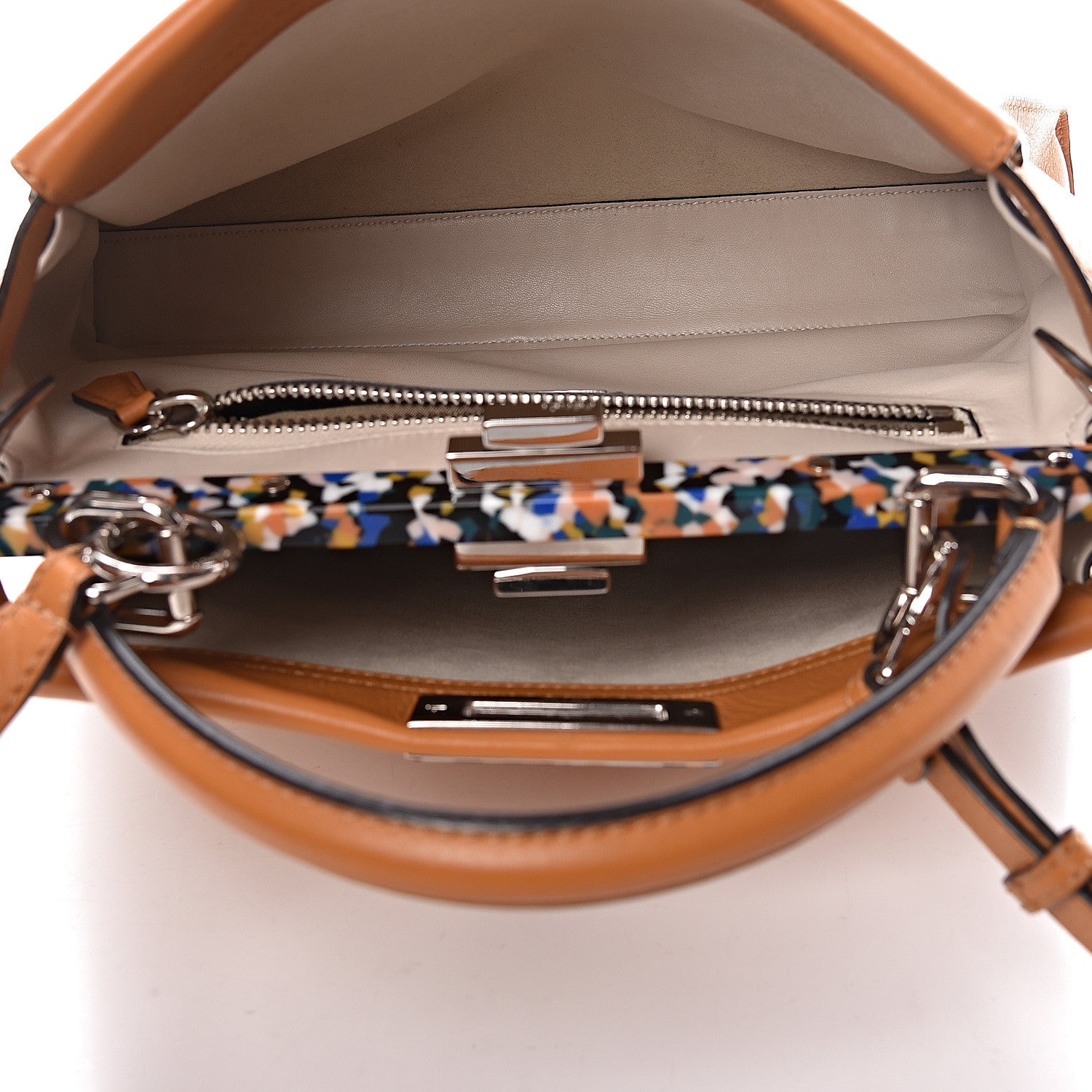 Fendi Vitello Seta Shiny Nappa Plexiglass Granite Medium Peekaboo Iconic Satchel Ginger Latte 6 of 14