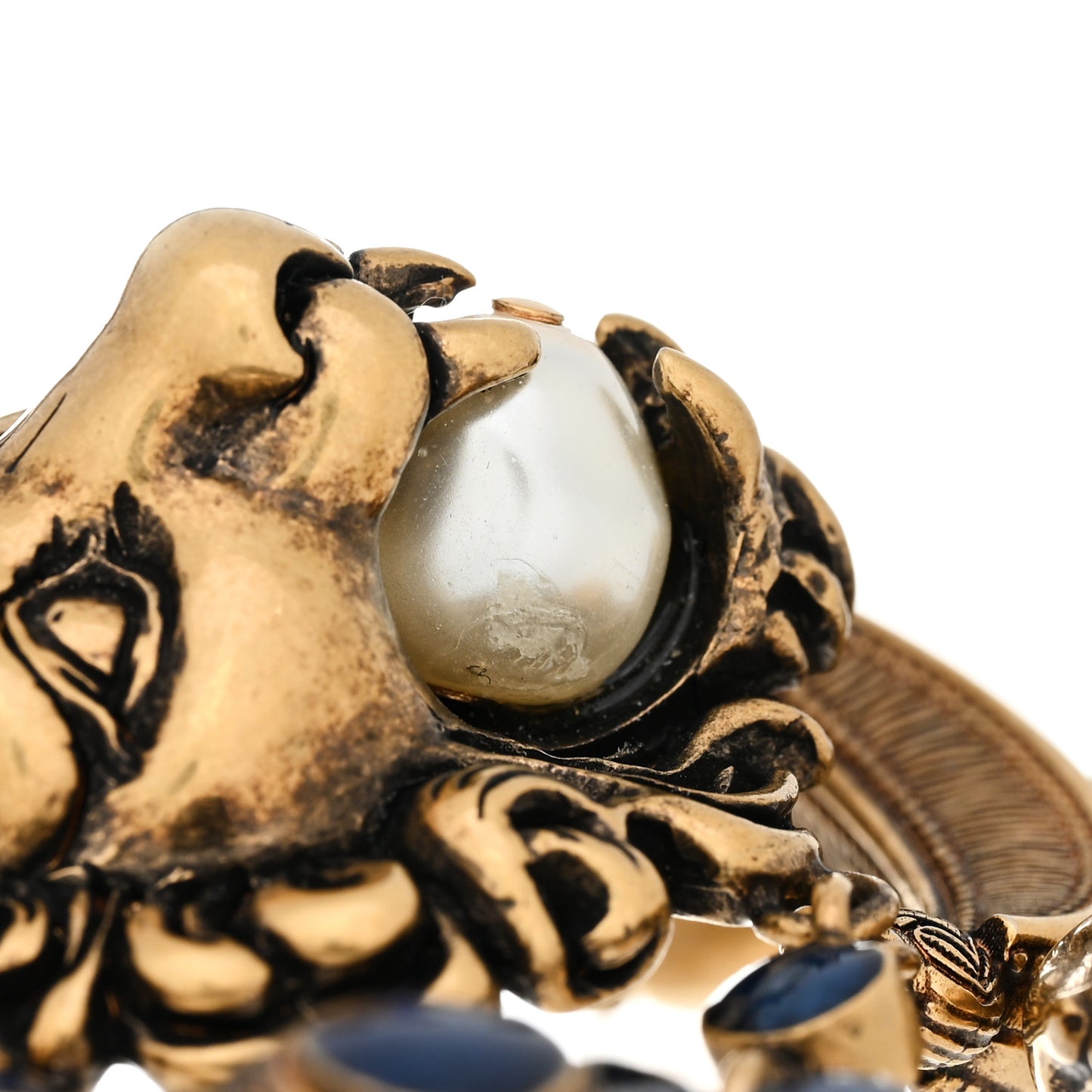 Metal Resin Pearl Lion Head Bracelet Aged Gold Blue