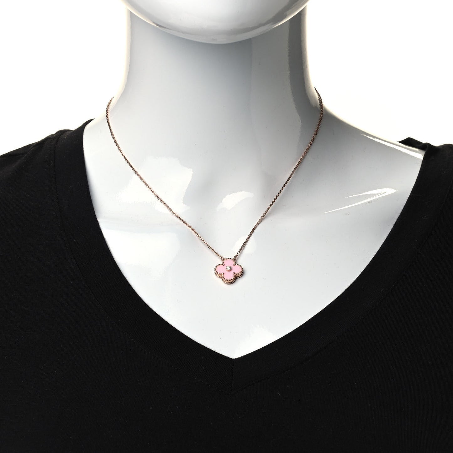 18K Rose Gold Diamond Pink Porcelain Vintage Alhambra Pendant Necklace