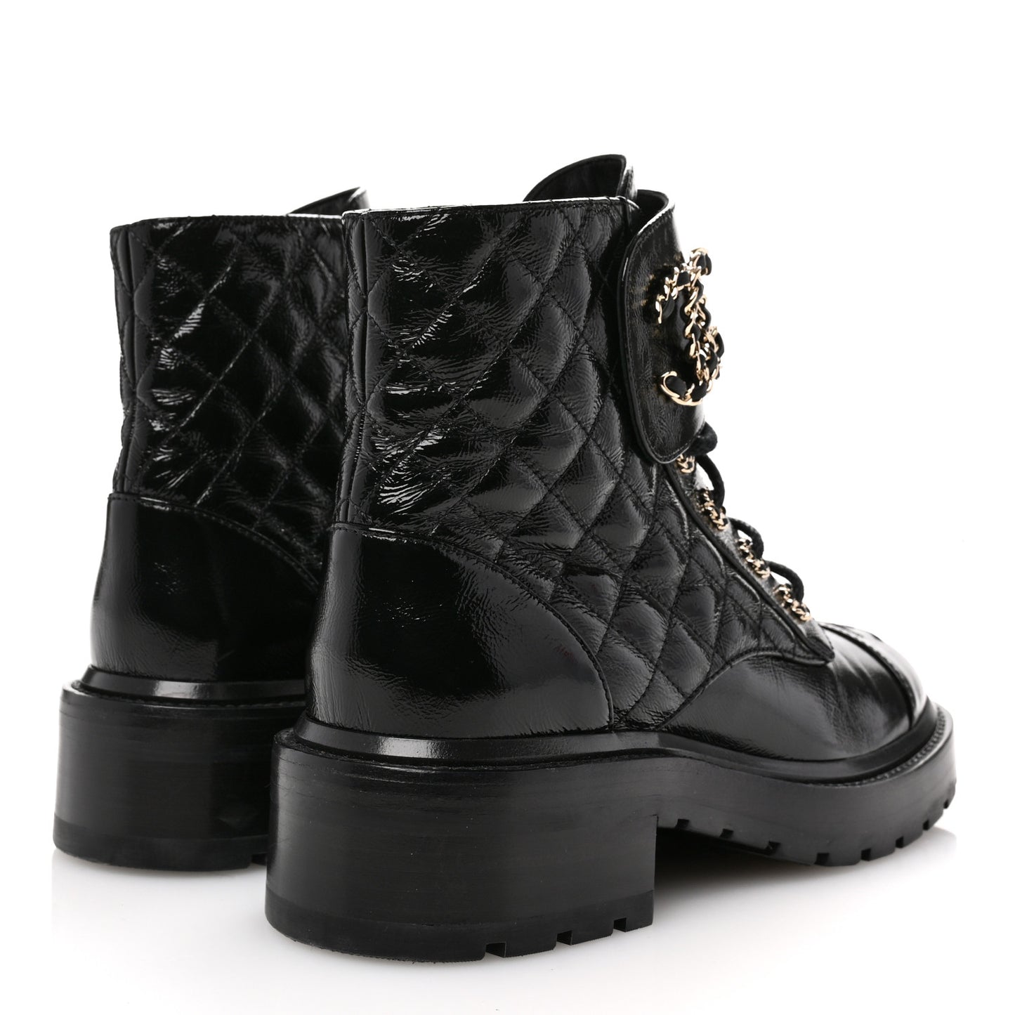 Shiny Lambskin Quilted Lace Up Combat Boots 37.5 Black