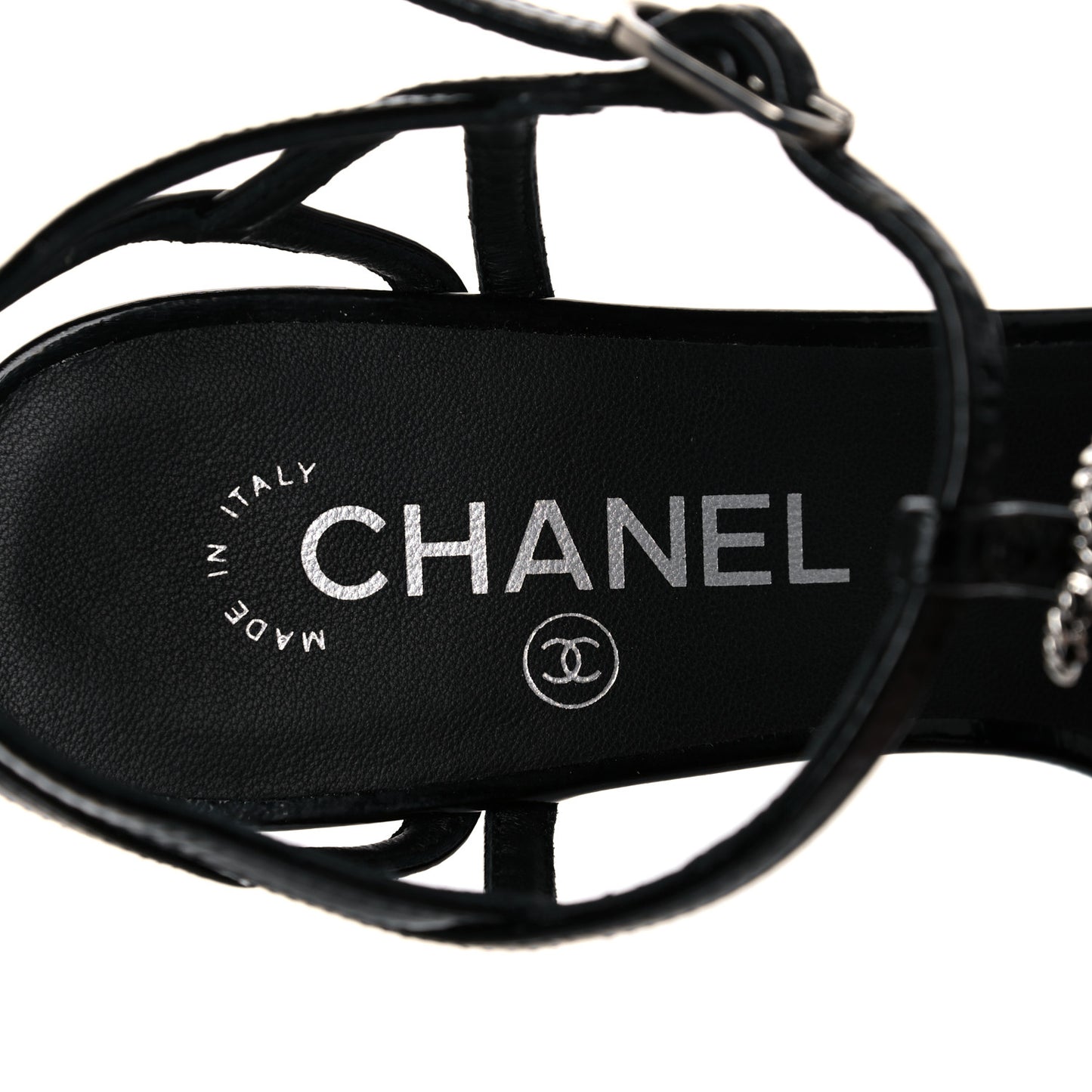 Patent Goatskin Chain CC Wedge Sandals 38 Black