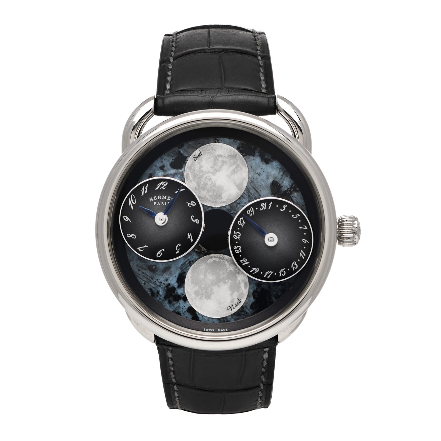 18K White Gold Alligator Blue Mother of Pearl 43mm Arceau L'Heure De La Lune Moon Phase Automatic Watch Graphite