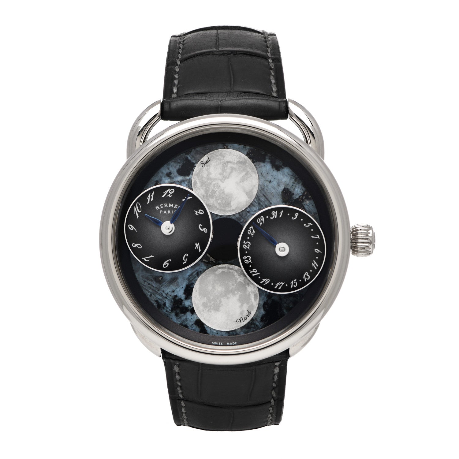 Hermes 18K White Gold Alligator Blue Mother of Pearl 43mm Arceau L'Heure De La Lune Moon Phase Automatic Watch Graphite 1 of 5
