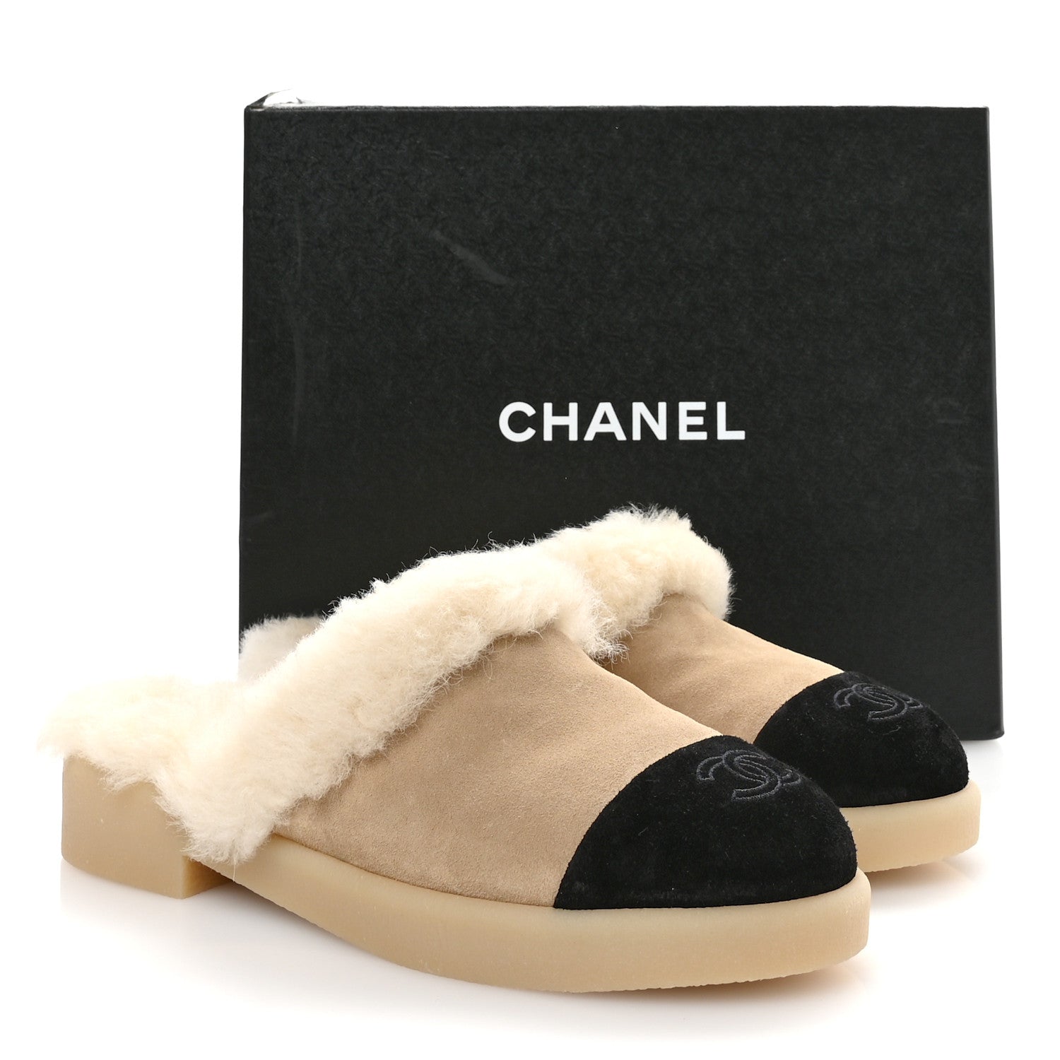 Chanel Suede Shearling CC Cap Toe Mules 41 Beige Black 8 of 8