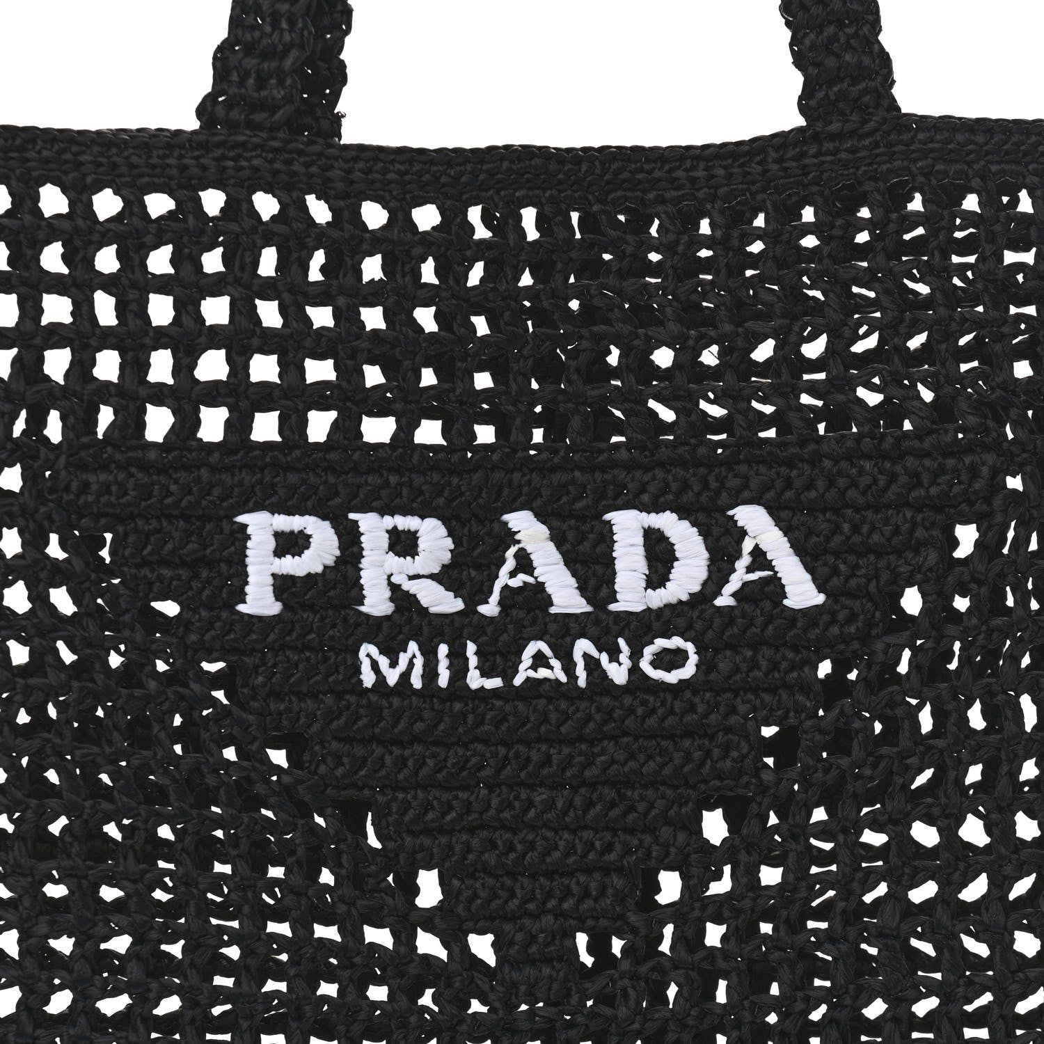 Prada Yarn Raffia Effect Crochet Logo Embroidered Tote Bag Black 7 of 9