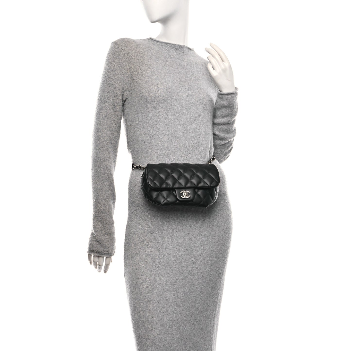 Calfskin Quilted CC Uniform Flap Belt Bag Black