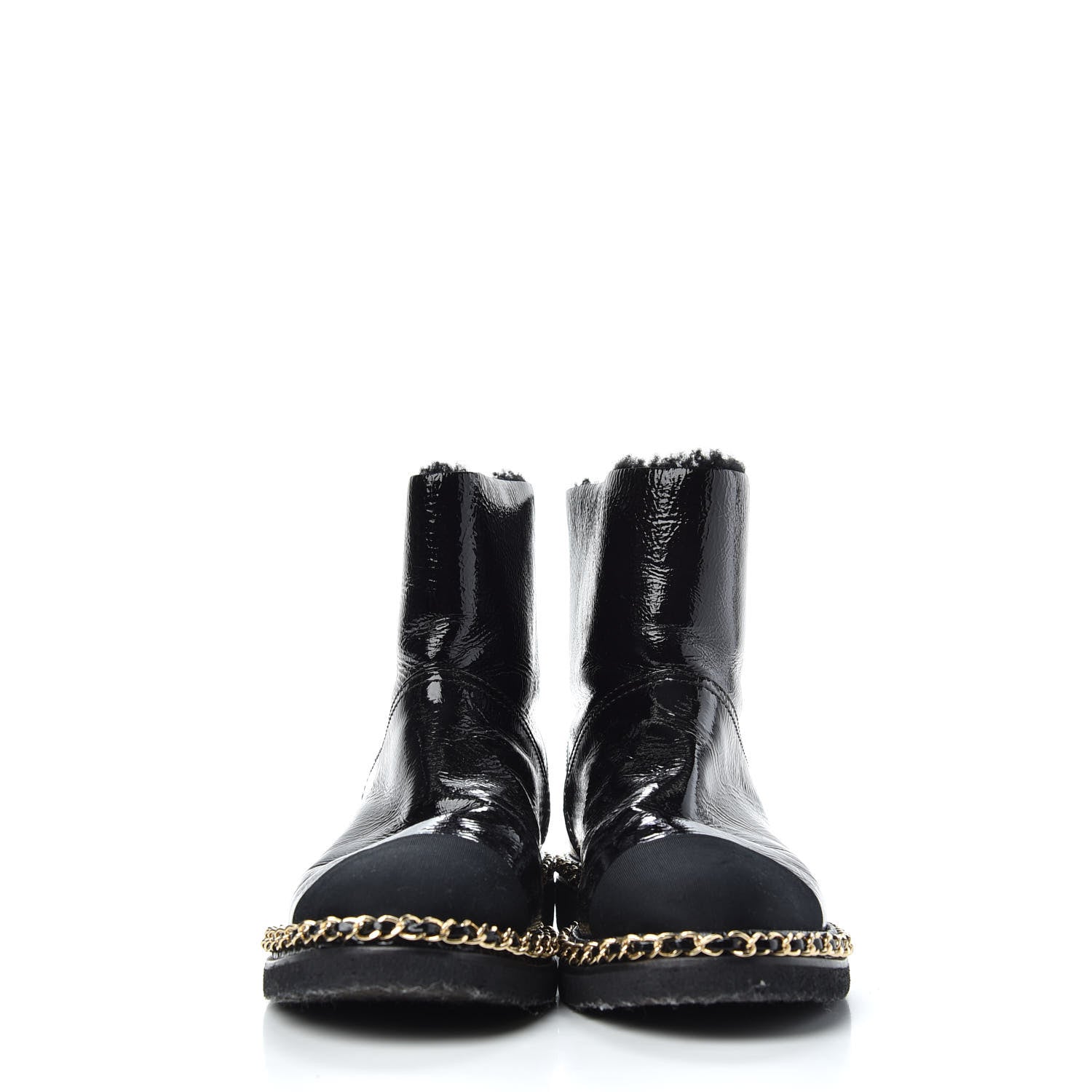 Chanel Crumpled Calfskin Shearling Womens Cap Toe Chain Short Boots 39 Black 2 of 9