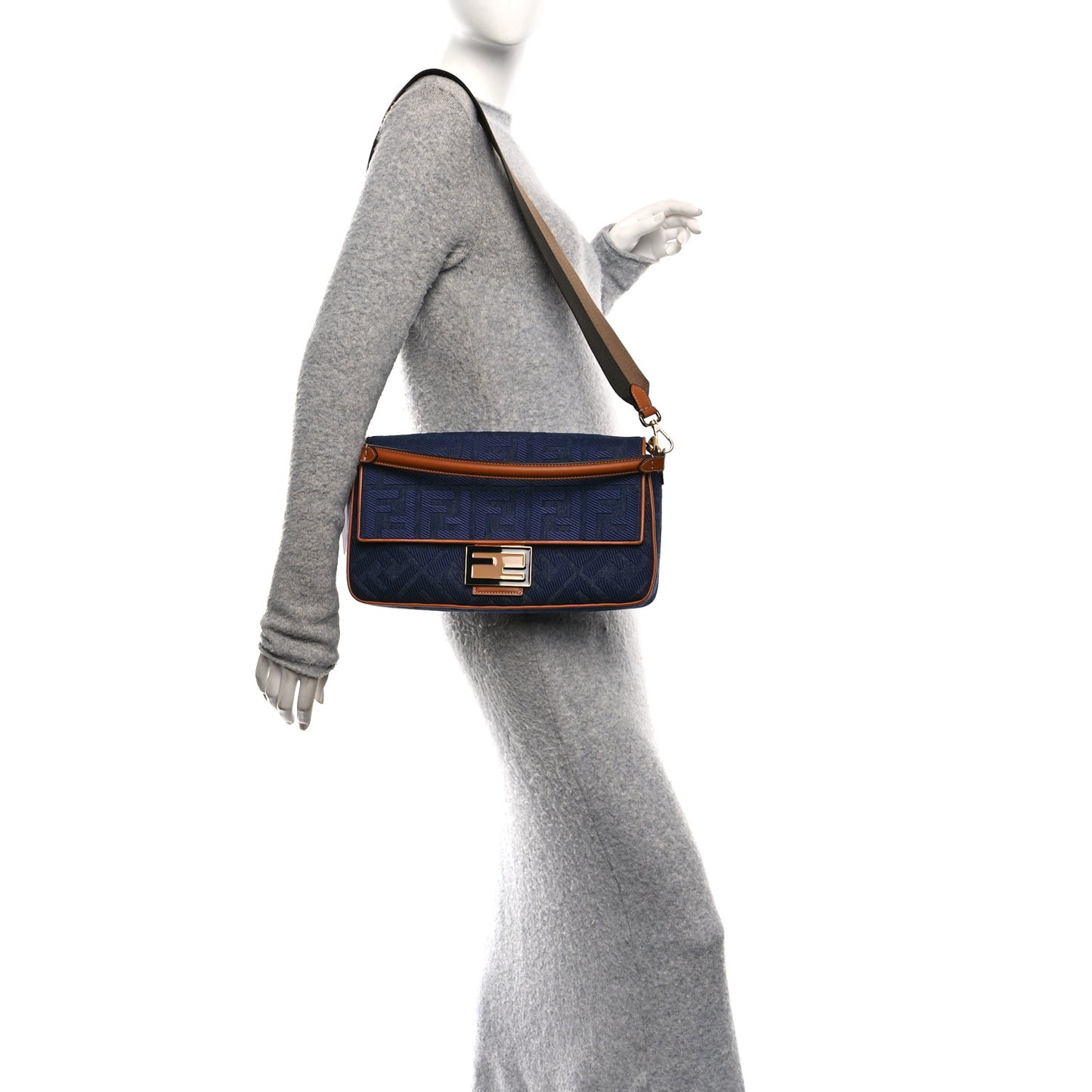 Denim Vitello King FF Embroidered Large Baguette Blue Cuoio