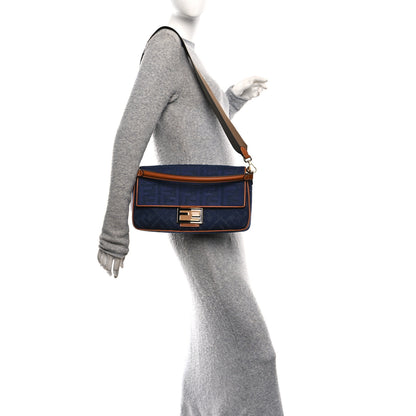 Fendi Denim Vitello King FF Embroidered Large Baguette Blue Cuoio 2 of 13