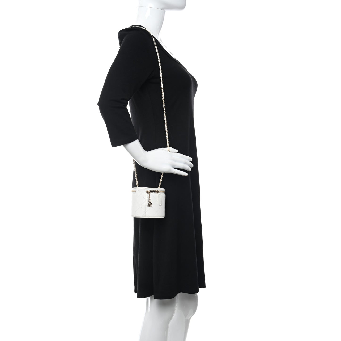 Lambskin Quilted Round Small Vanity Case With Chain White Black