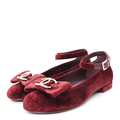 Chanel Velvet Strass CC Bow Mary Jane Flats 39 Burgundy 4 of 10