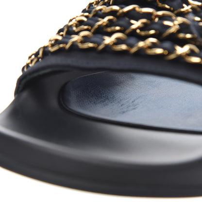 Chanel Satin Canvas Chain Slides Sandals Flats 38 Marine 8 of 13