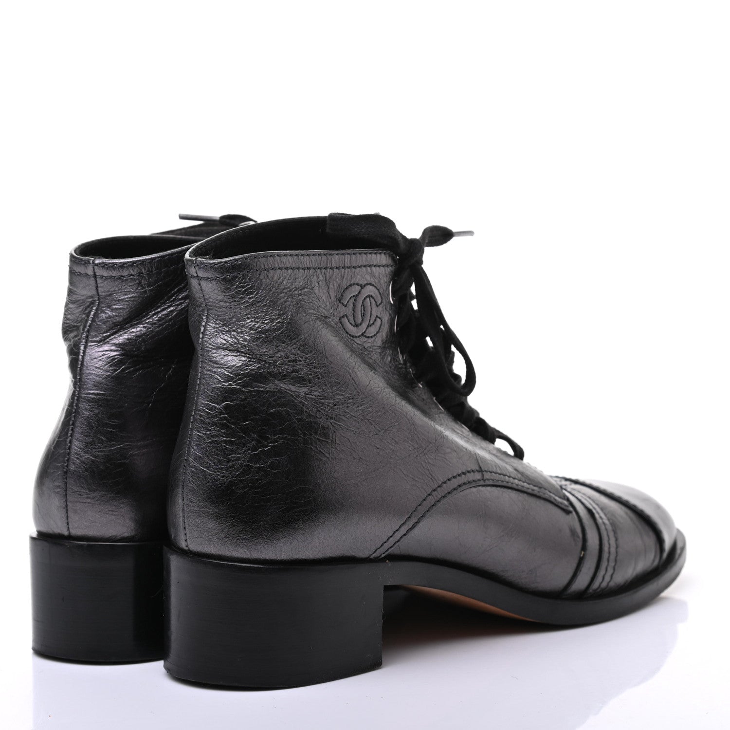 Chanel Metallic Calfskin CC Lace Up Boots 39.5 Silver Black 4 of 8
