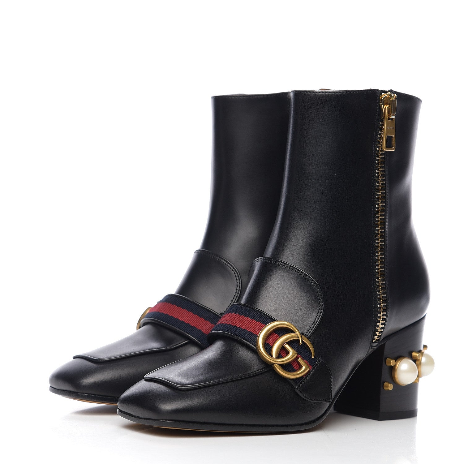 Gucci Betis Glamour Calfskin Web Pearl Embellished Peyton 75mm Ankle Boots 38 Black 3 of 8