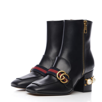 Gucci Betis Glamour Calfskin Web Pearl Embellished Peyton 75mm Ankle Boots 38 Black 3 of 8