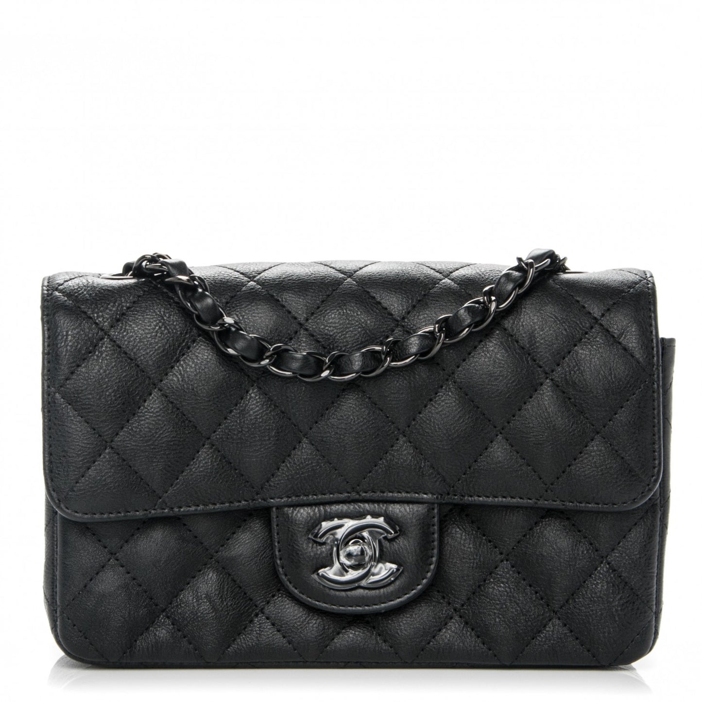 Crumpled Calfskin Quilted Mini Rectangular Flap So Black