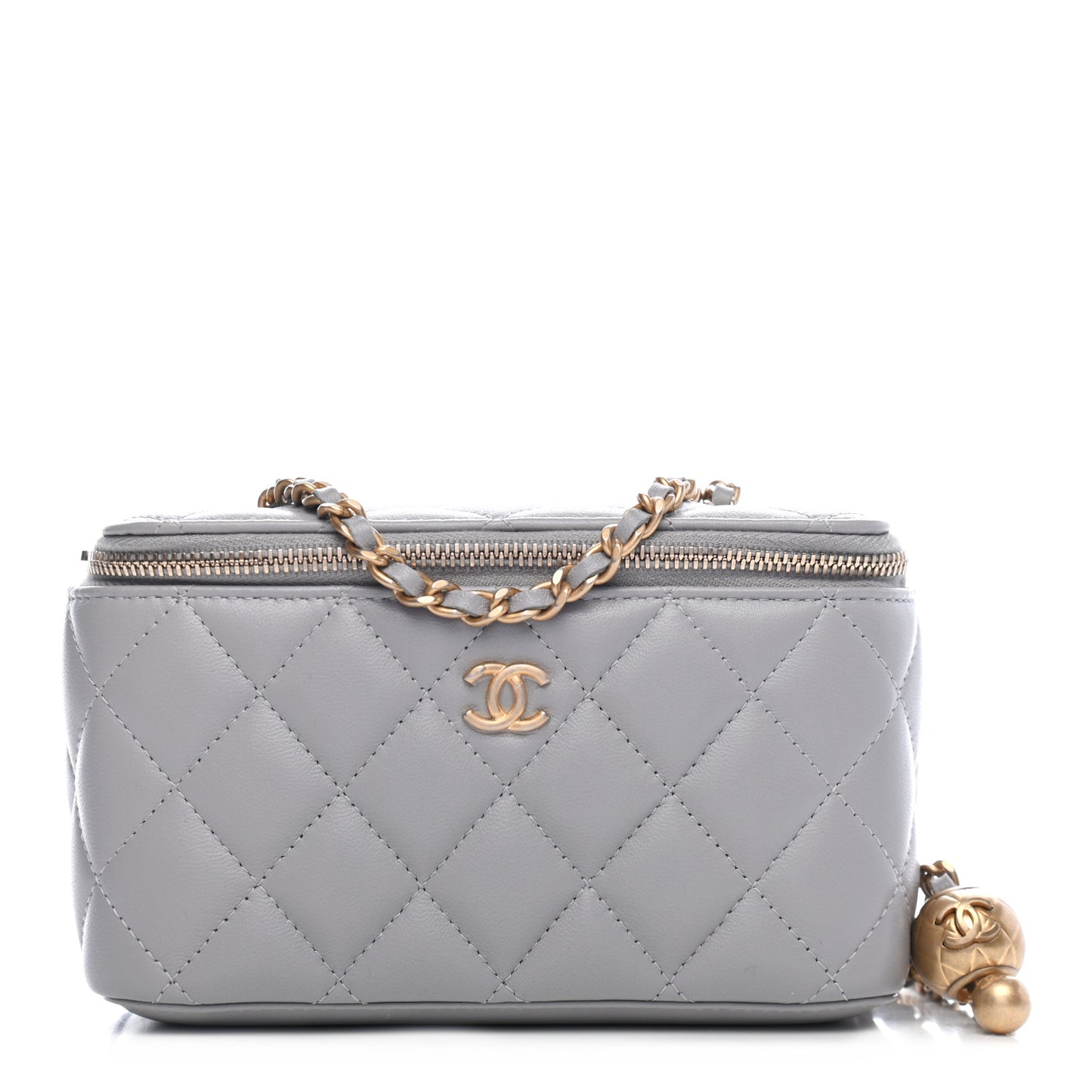 Lambskin Quilted Small Pearl Crush Vanity Case With Chain Grey