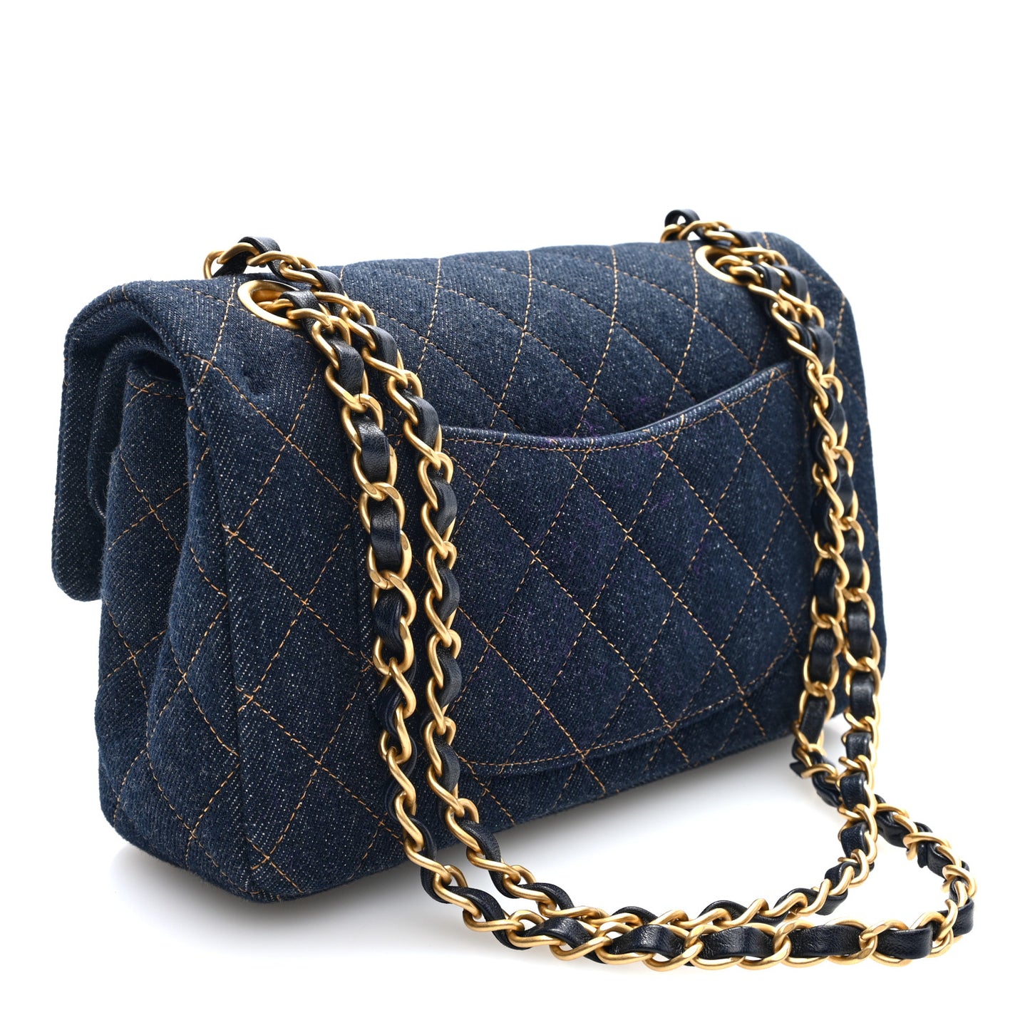 Denim Quilted Small Double Flap Dark Blue Orange