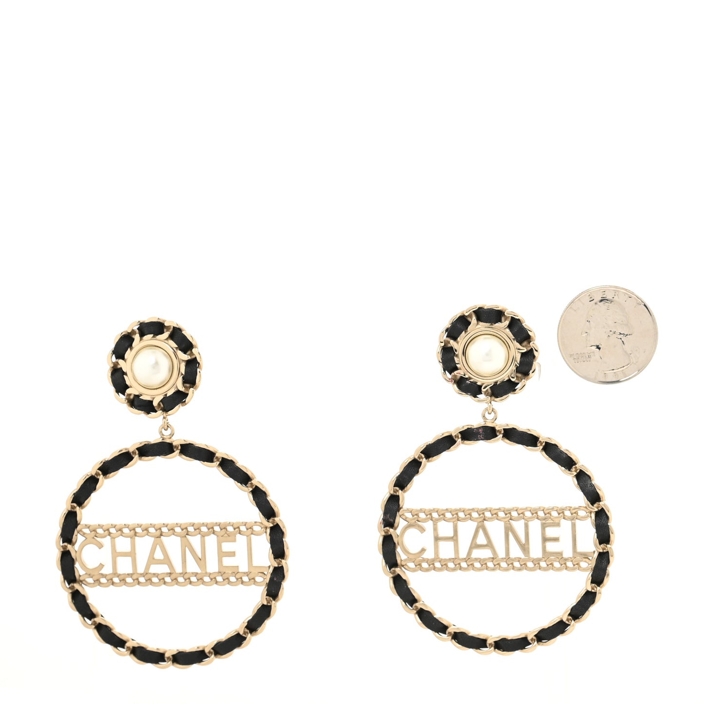 Pearl Lambskin Chain Logo Hoop Clip On Earrings Black Gold