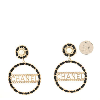 Chanel Pearl Lambskin Chain Logo Hoop Clip On Earrings Black Gold 2 of 4