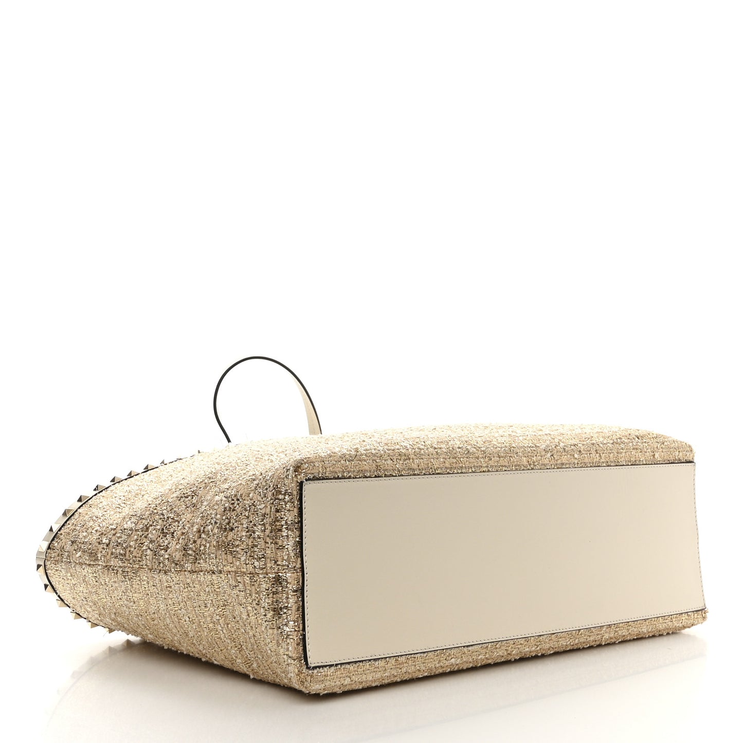 Metallic Boucle Raffia Calfskin Rockstud Shoulder Tote White Gold Ivory