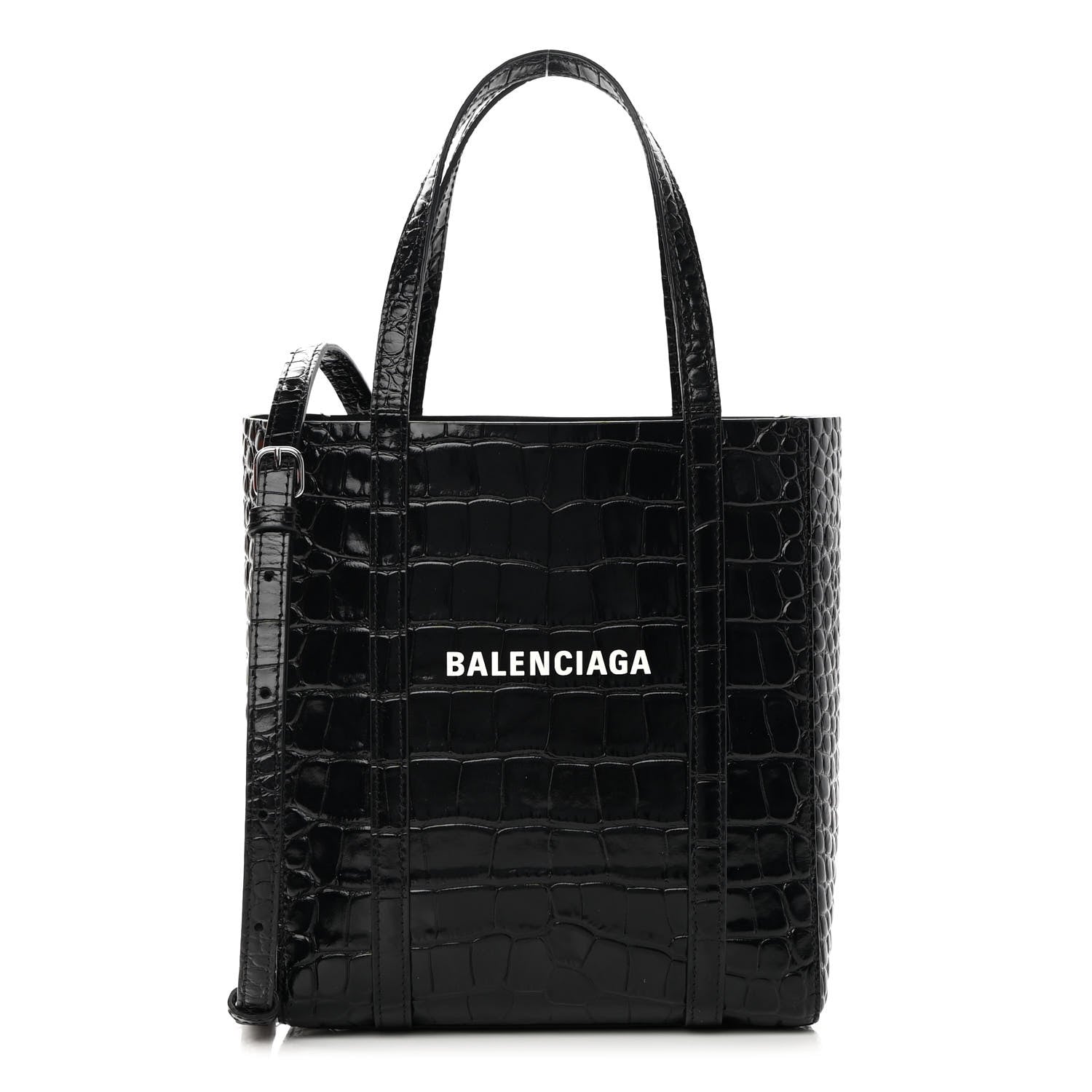 Balenciaga Shiny Calfskin Logo Crocodile Embossed XXS Everyday Tote Black 1 of 10