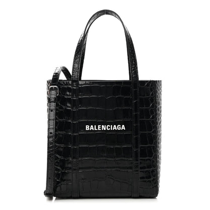 Balenciaga Shiny Calfskin Logo Crocodile Embossed XXS Everyday Tote Black 1 of 10