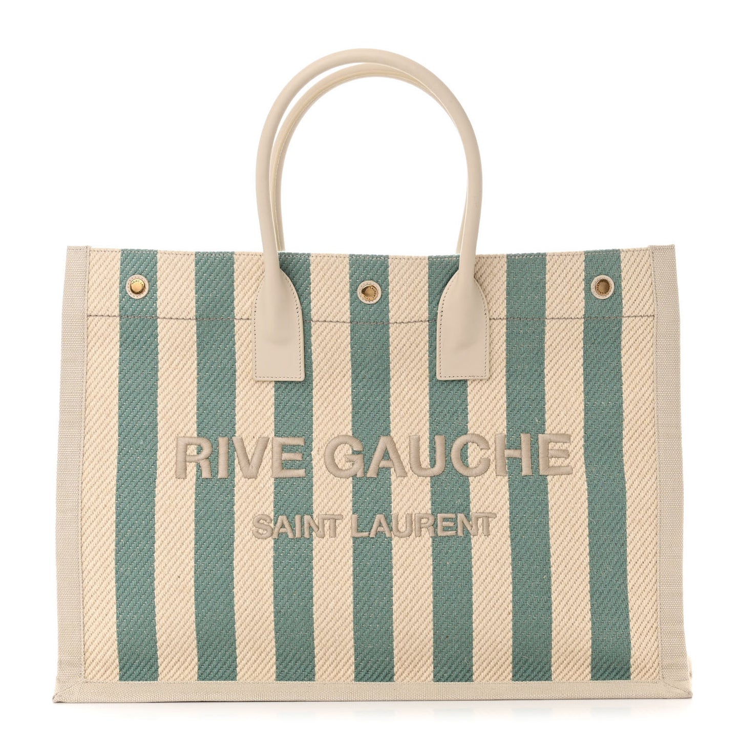 Cotton Linen Calfskin Striped Rive Gauche Tote Water Green