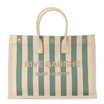 Saint Laurent Cotton Linen Calfskin Striped Rive Gauche Tote Water Green 1 of 12