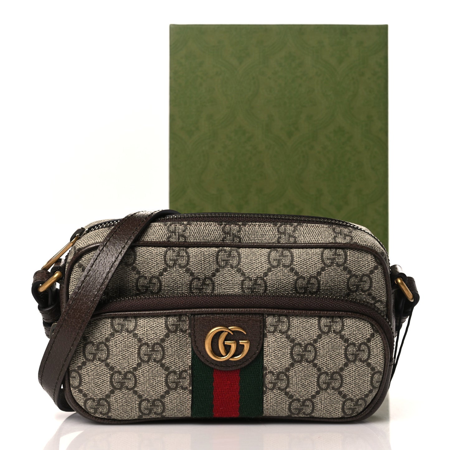 GG Supreme Monogram Textured Dollar Calfskin Web Mini Ophidia Convertible Shoulder Bag Beige Ebony New Acero