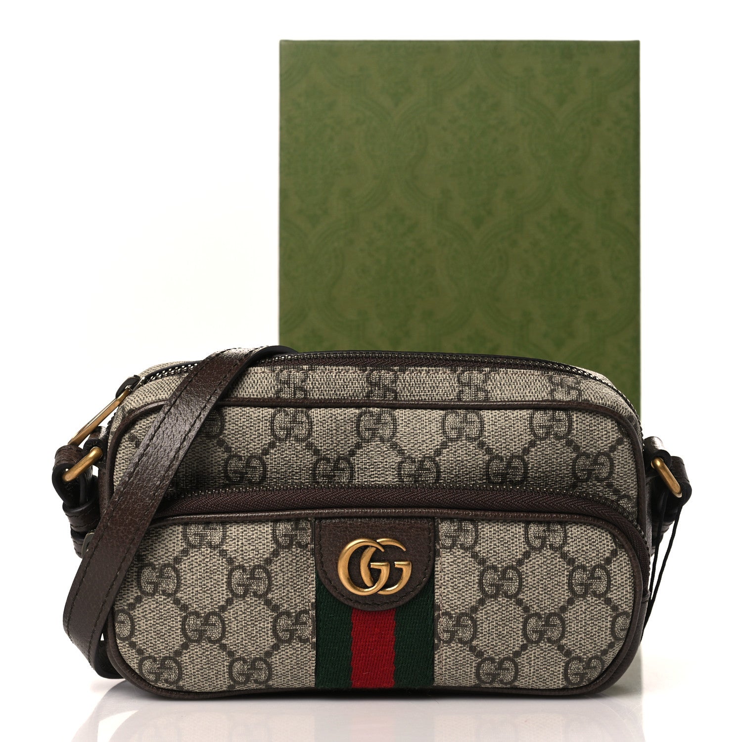 Gucci GG Supreme Monogram Textured Dollar Calfskin Web Mini Ophidia Convertible Shoulder Bag Beige Ebony New Acero 10 of 10