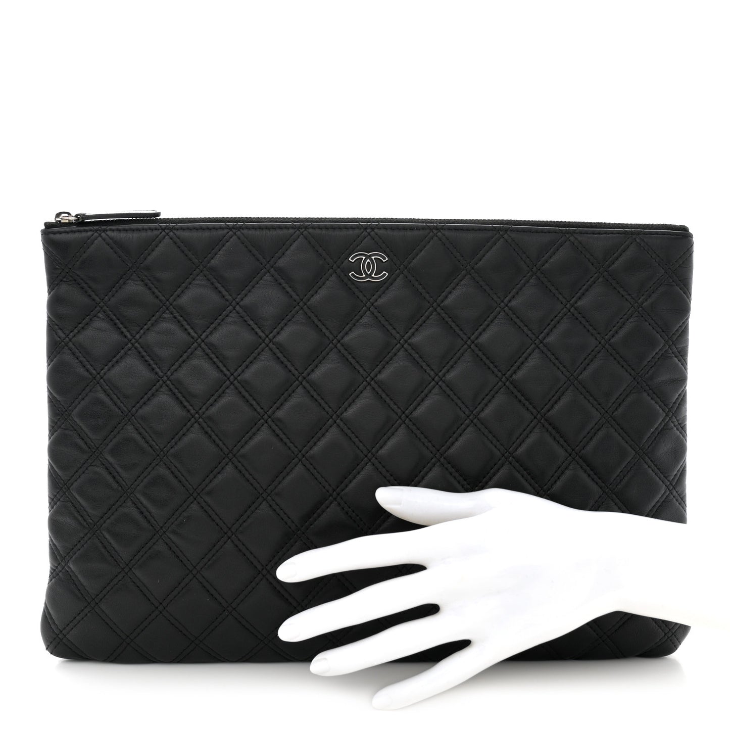 Lambskin Double Stitch Quilted Large Cosmetic Case Black