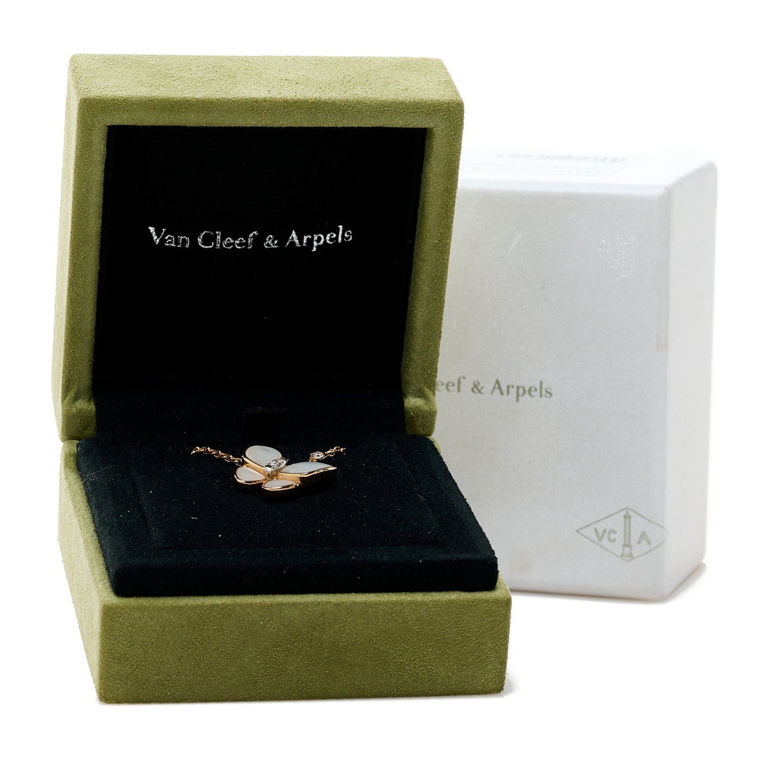 Van Cleef & Arpels 18K Rose Gold Diamond Mother of Pearl Two Butterfly Pendant Necklace 6 of 6