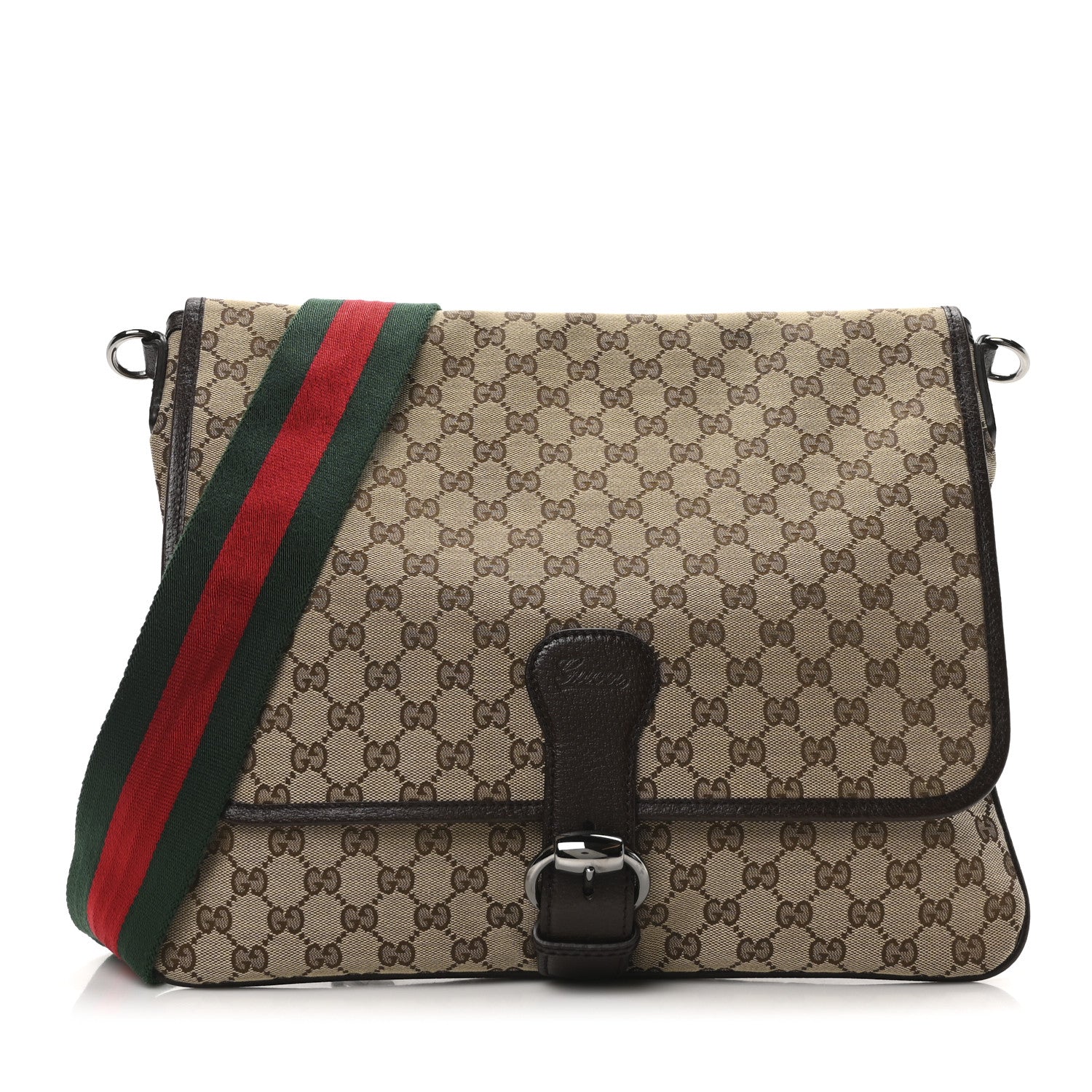 Gucci Monogram Web Single Buckle Flap Messenger Bag Beige Dark Brown 1 of 10