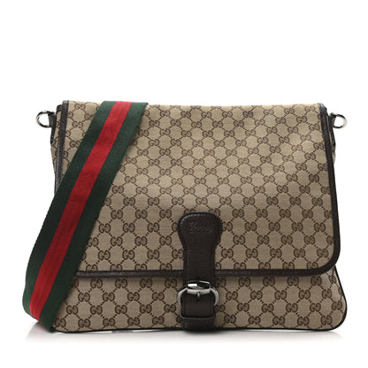 Gucci Monogram Web Single Buckle Flap Messenger Bag Beige Dark Brown 1 of 10