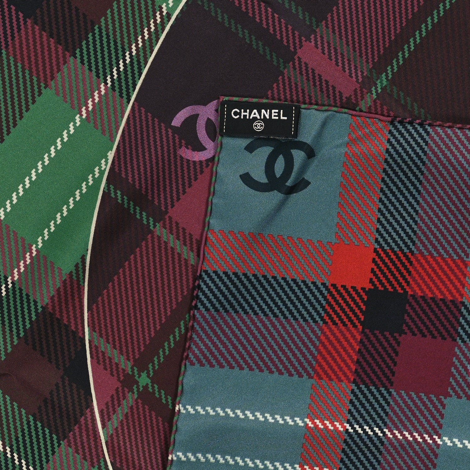Chanel Silk Tartan CC Scarf Green Purple 3 of 3