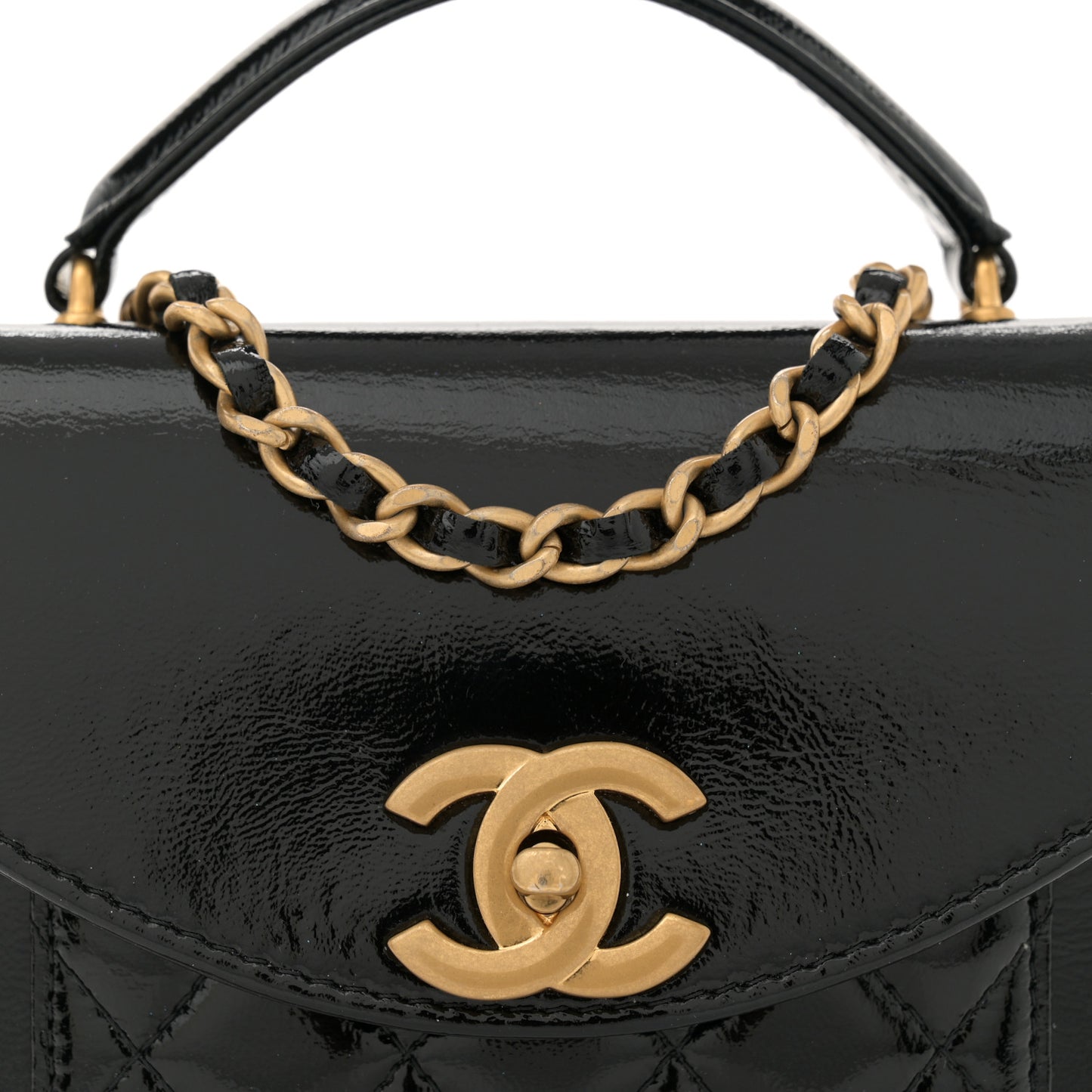 Shiny Lambskin Quilted Top Handle Card Holder On Chain Black