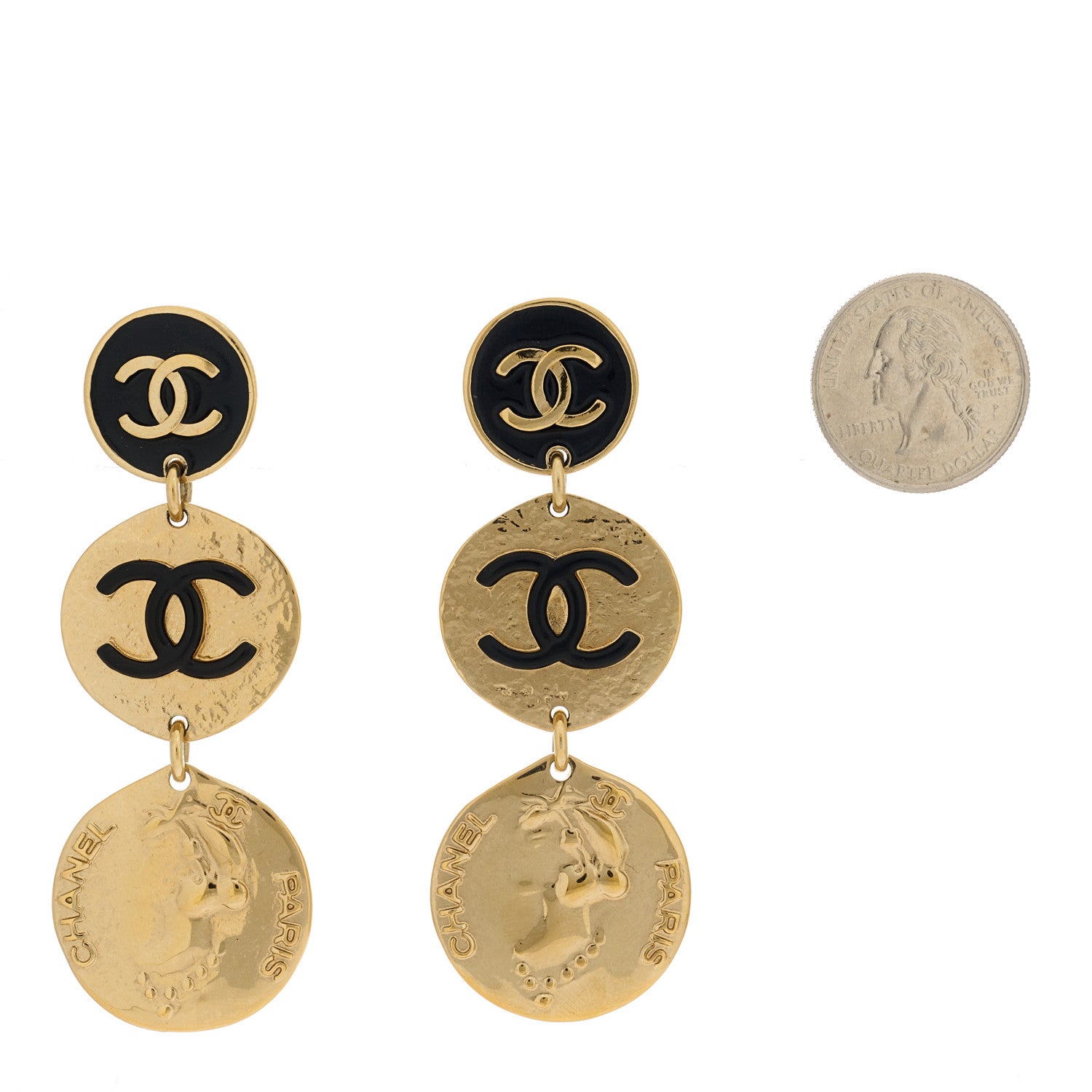 Chanel Enamel CC Disc Drop Medallion Earrings Gold Black 2 of 5