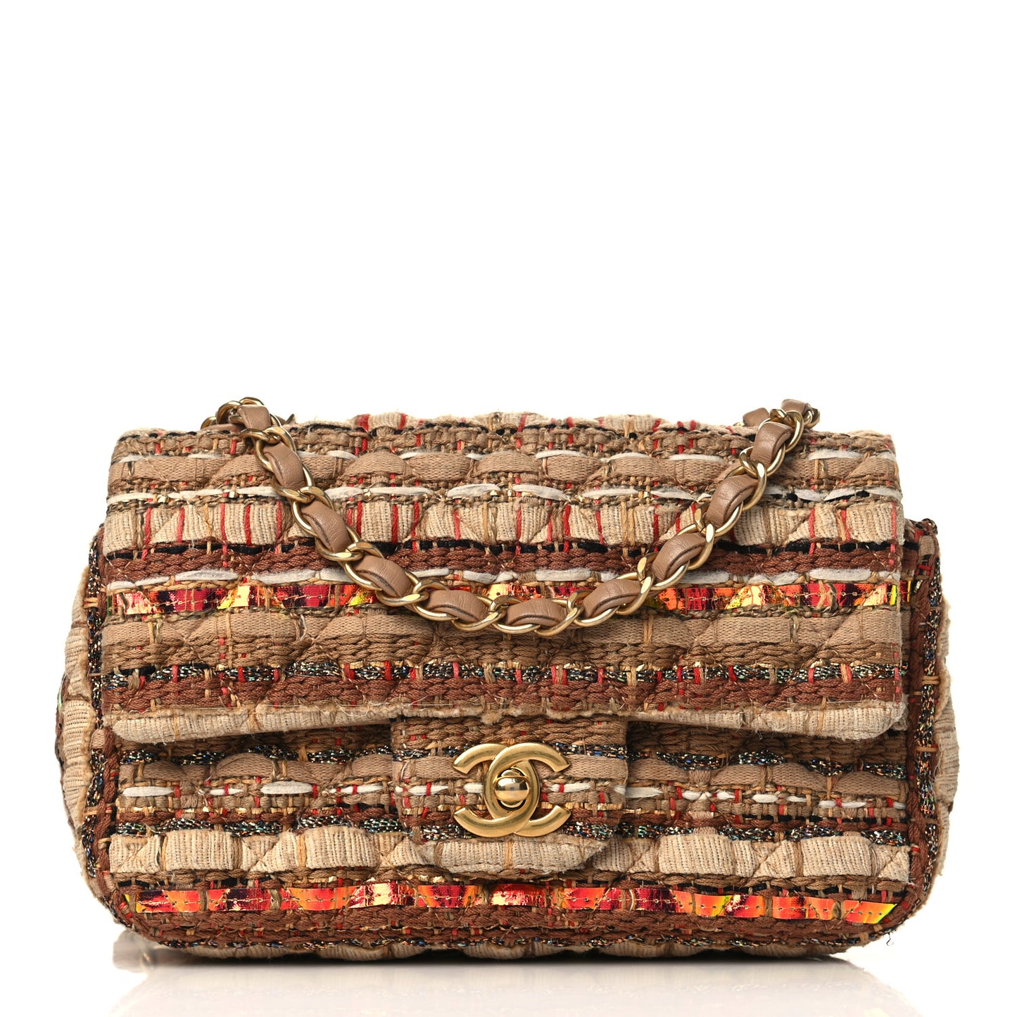 Iridescent Tweed Lambskin Mini Rectangular Flap Dark Beige