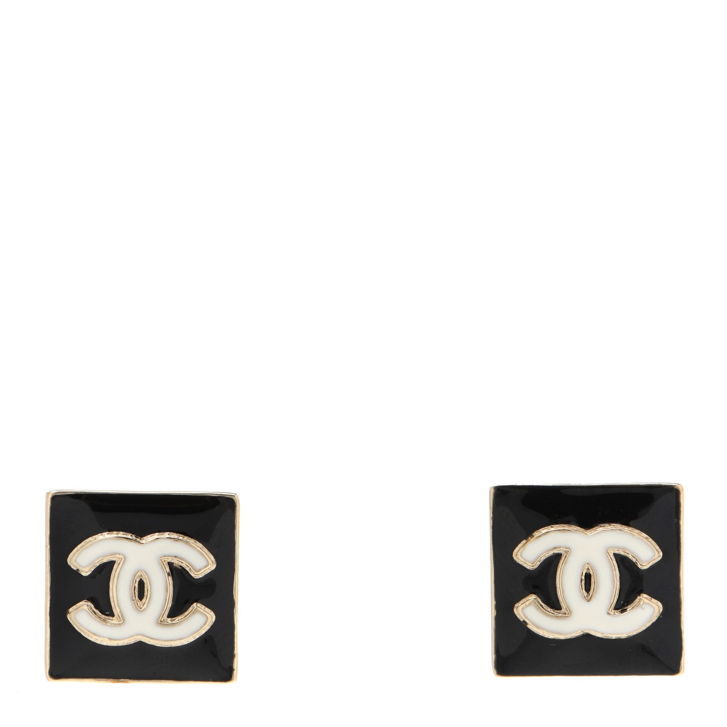 Metal Enamel CC Square Earrings Gold Black White