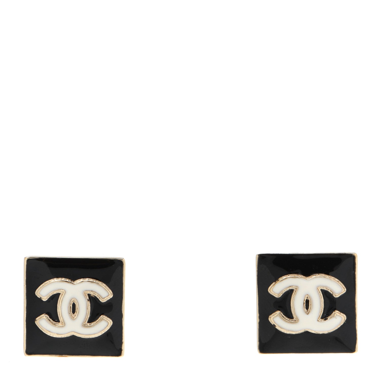 Chanel Metal Enamel CC Square Earrings Gold Black White 1 of 4