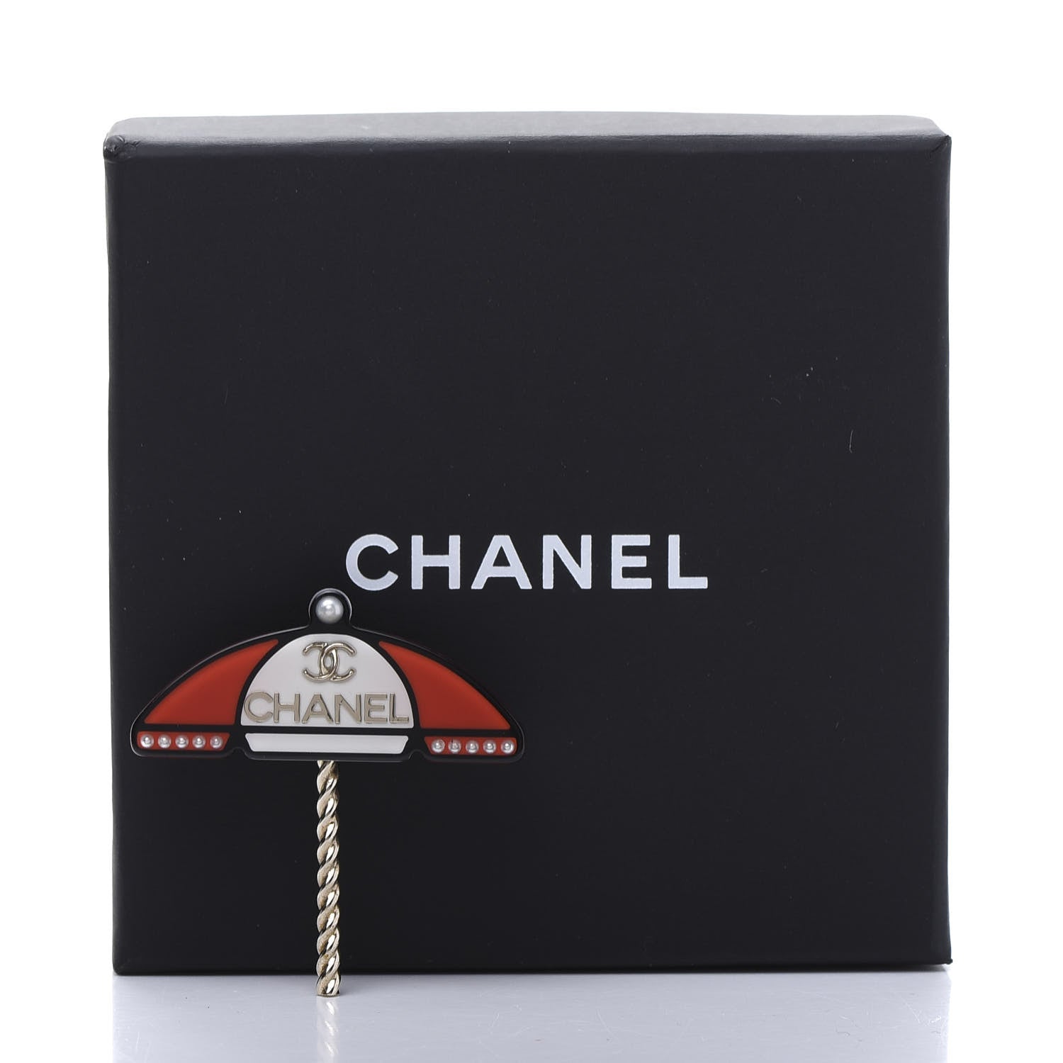 Chanel Resin Pearl Umbrella Brooch Gold Red White 5 of 5