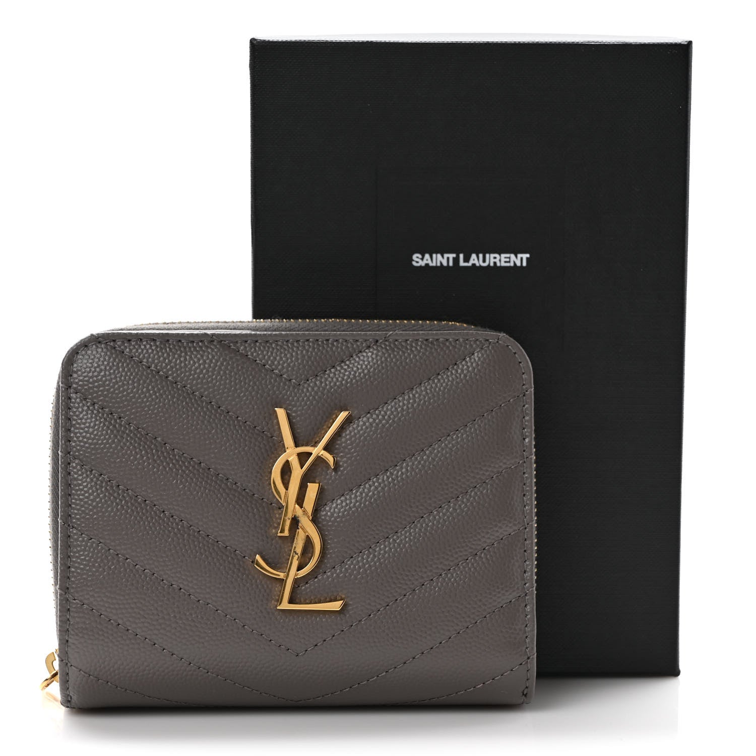 Saint Laurent Grain De Poudre Matelasse Chevron Monogram Compact Zip Around Wallet Fog 9 of 9