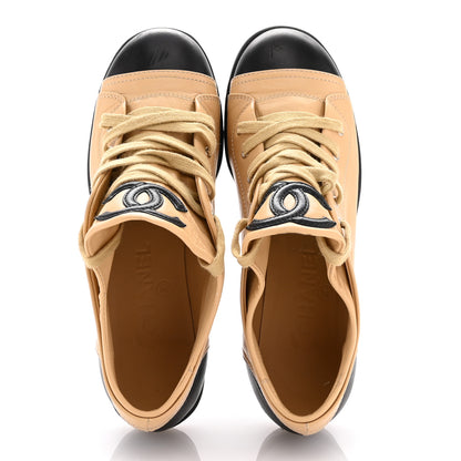 Chanel Lambskin CC Sneakers 37.5 Beige Black 2 of 12