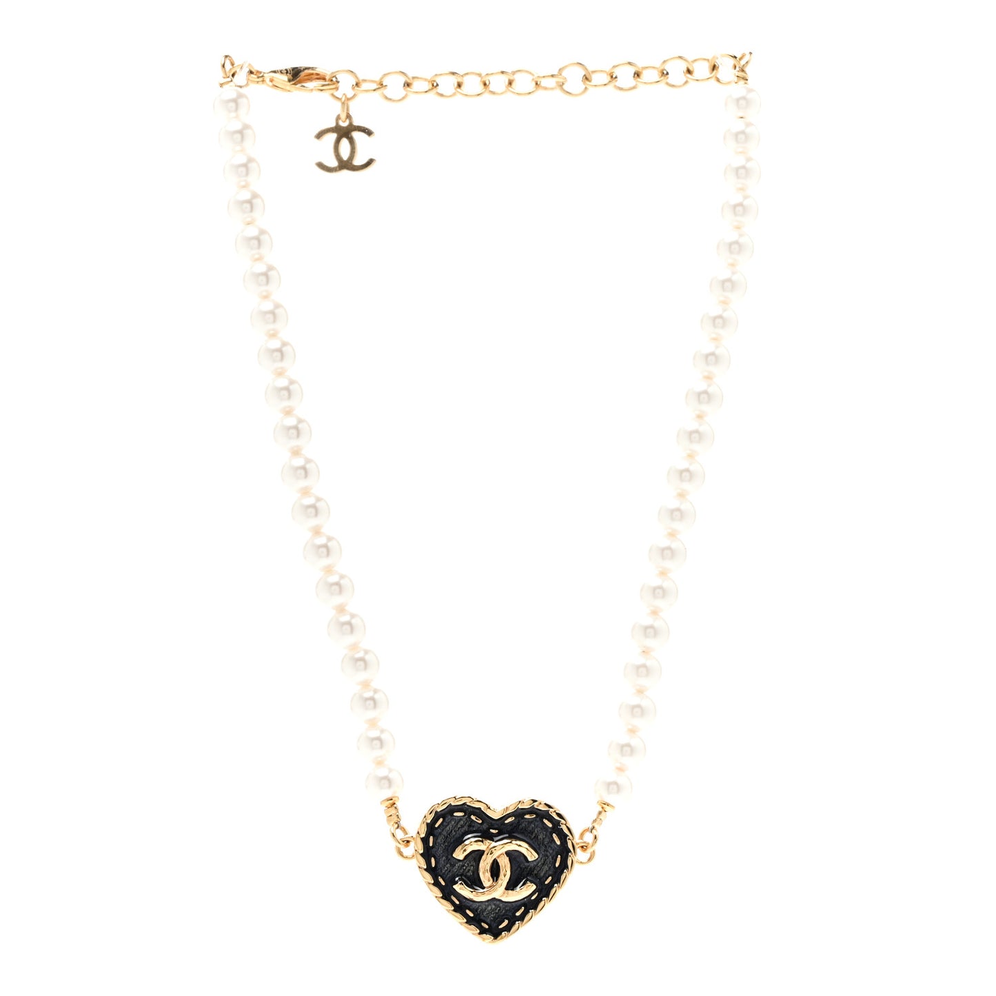 Metal Denim CC Heart Choker Gold Blue Pearly White