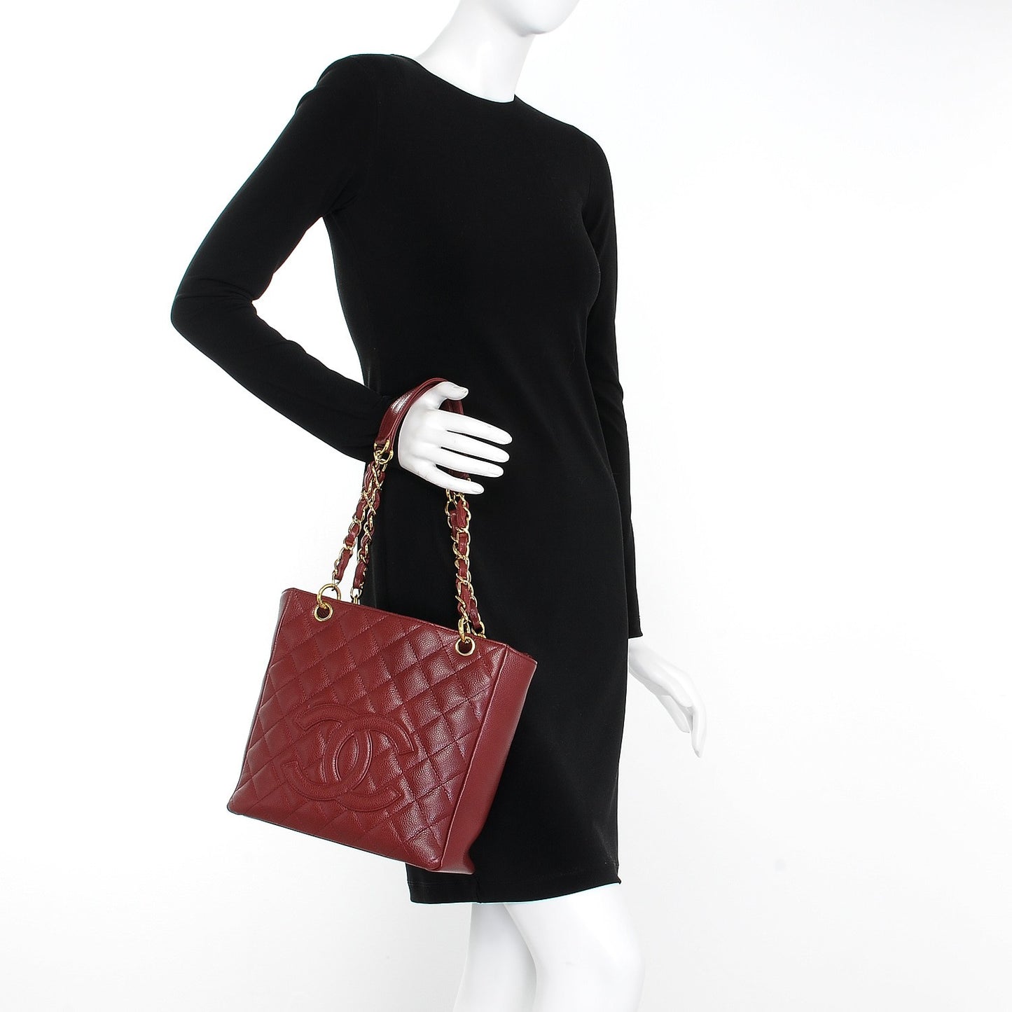 Caviar Quilted Petit Shopping Tote PST Dark Red