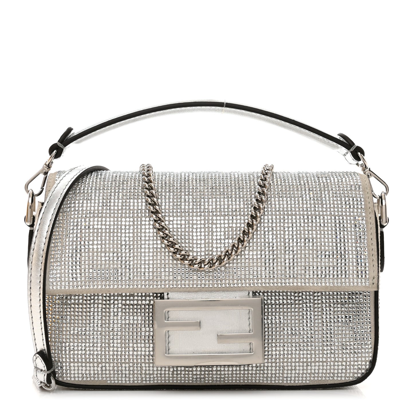 Crystal Vitello Laminato FF Mini Baguette Crystal Argento