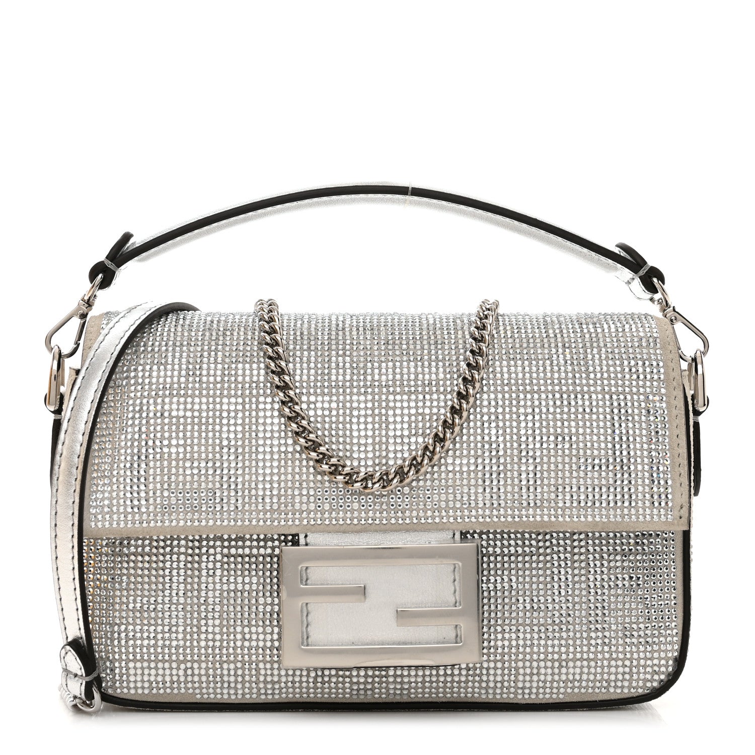 Fendi Crystal Vitello Laminato FF Mini Baguette Crystal Argento 1 of 12