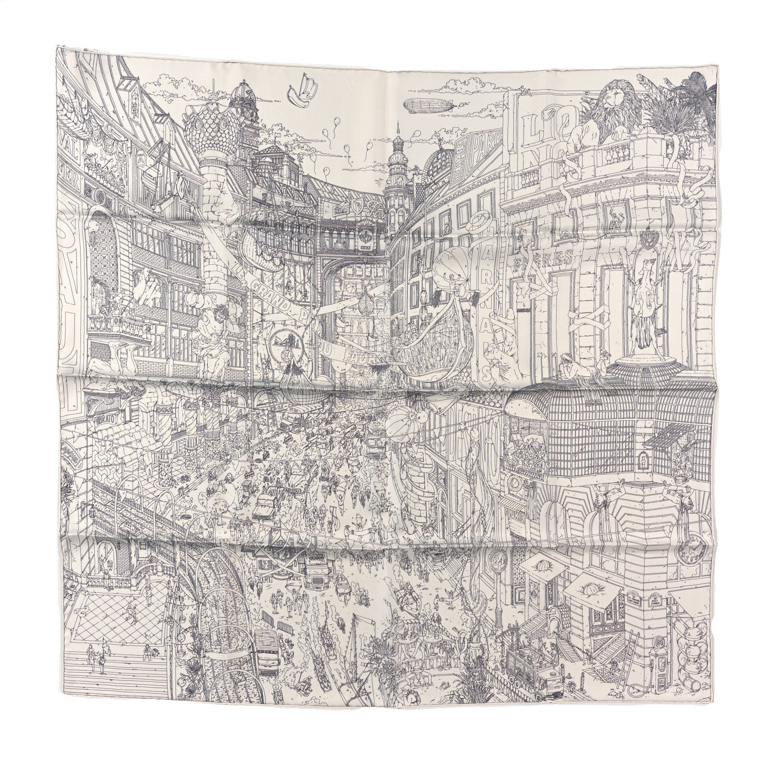 Hermes Silk Le Grand Prix du Faubourg Scarf 90 White Black Gris 1 of 3